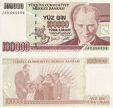 TURKEY 100000 Lirasi 1997 P 206 UNC President Mustafa Kemal Ataturk