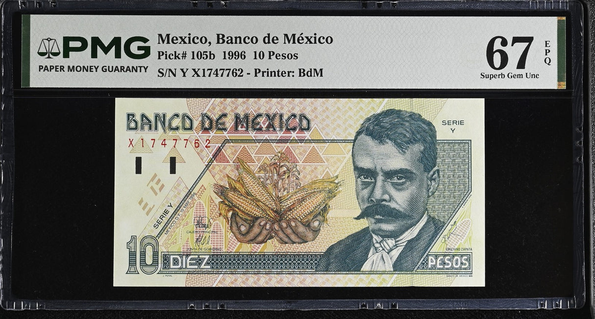 Mexico 10 Pesos 1996 P 105 b Superb Gem UNC PMG 67 EPQ