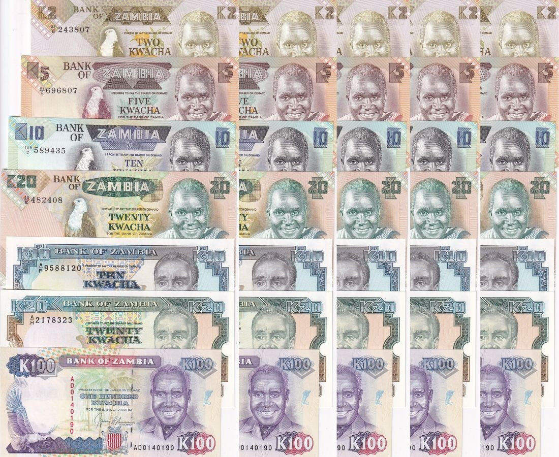 Zambia Set 7 X Lot 5 = 35 UNC 2 5 10 20 100 Kwacha 1980 - 1991 P 24 25 26 27-34