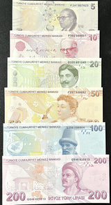 Turkey Set 6 UNC 5 10 20 50 100 200 Lira 2022 - 2024 P 222 - 227 Random Sign