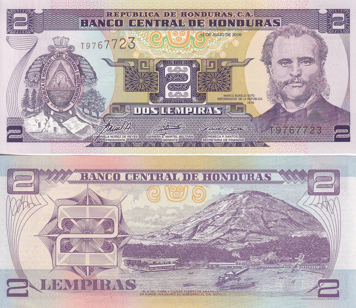 Honduras 2 Lempiras 2006 P 80Af UNC Arms, Marco Aurelio Soto