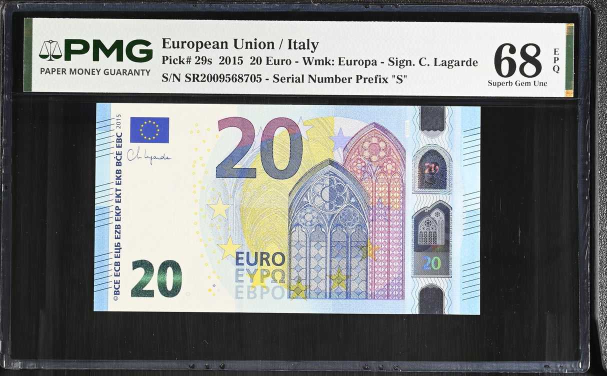 Euro 20 Euro Italy 2015 P 29 S Prefix Superb Gem UNC PMG 68 EPQ
