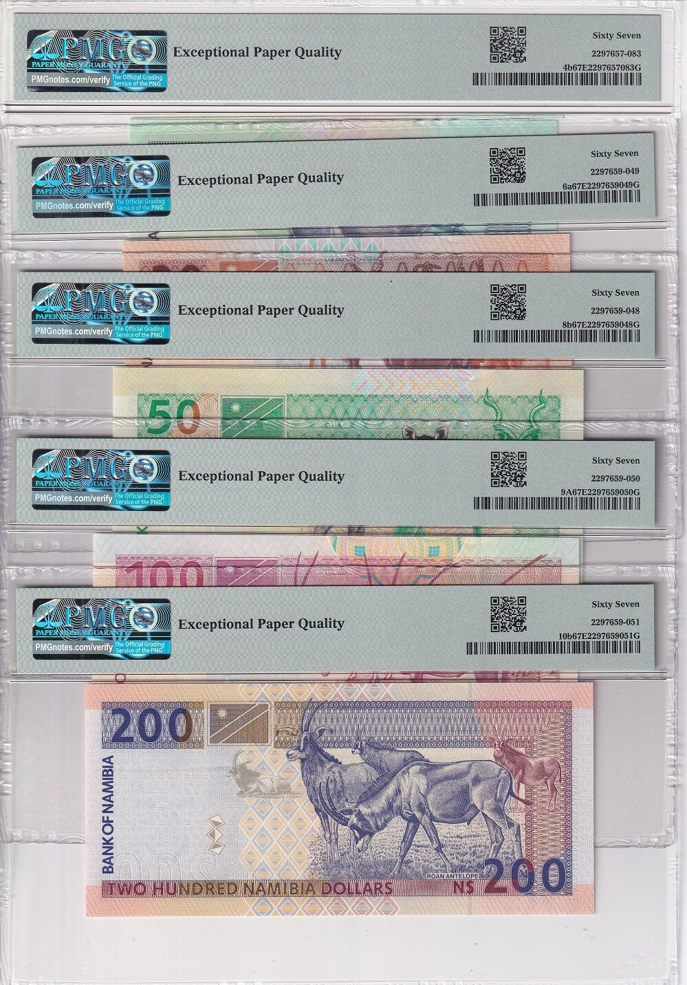 Namibia Set 5; 10 20 50 100 200 1996-2003 P 4 -8 9A 10 Superb Gem UNC PMG 67 EPQ