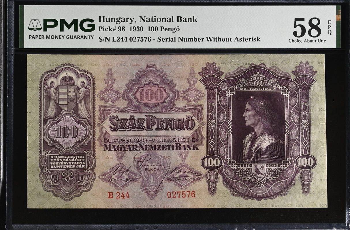 Hungary 100 Pengo 1930 P 98 Choice About UNC PMG 58 EPQ without Asterisk