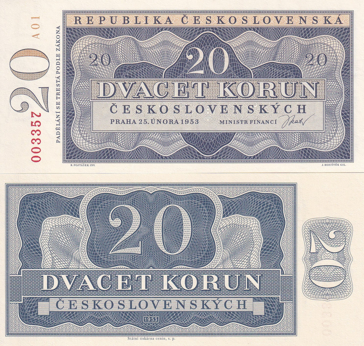 Czechoslovakia 20 Korun 1953/2023 P 72A Official Reprint W/Folder UNC