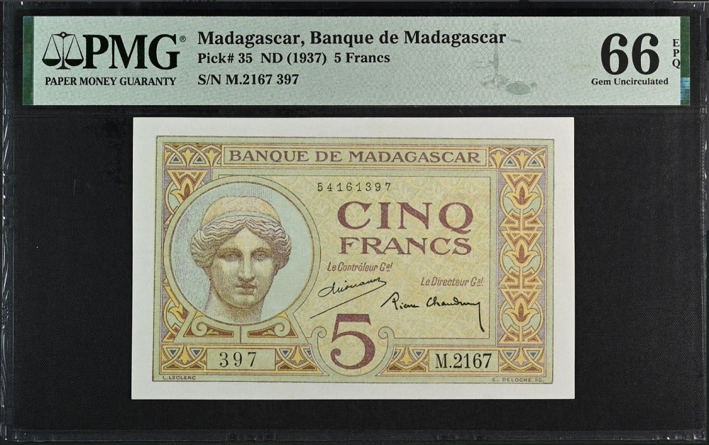 Madagascar 5 Francs ND 1937 P 35 Gem UNC PMG 66 EPQ