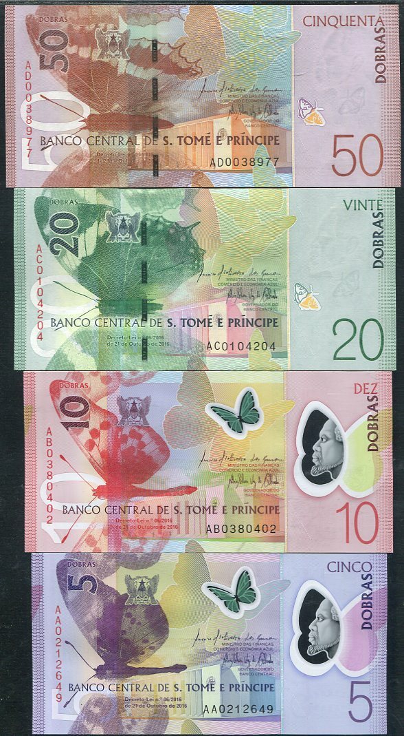Saint Thomas & Prince SET 4 UNC 5 10 20 50 Dobras 2016 P 70 71 72 73 Sao Tome