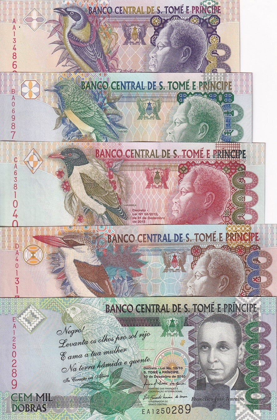 St.Thomas & Prince Set 5 UNC 5000-100000 Random Date P 65 66 67 68 69 Sao Tome