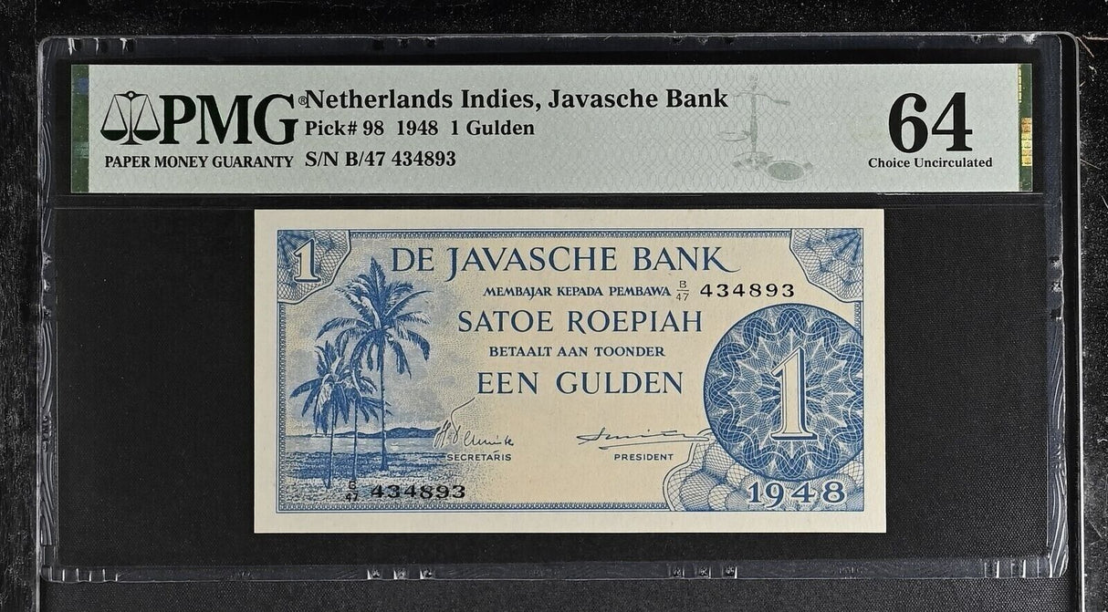 Netherlands Indies 1 Gulden 1948 P 98 Choice UNC PMG 64