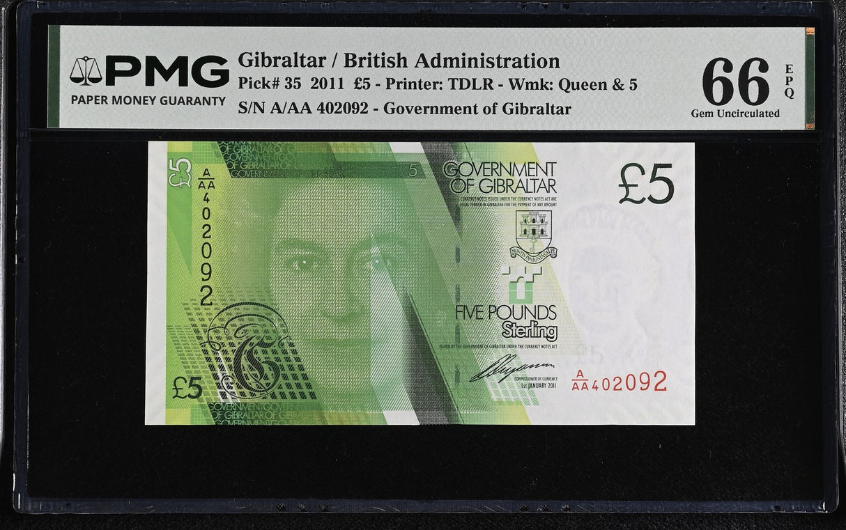 Gibraltar 5 Pounds 2011 P 35 A/AA QE II Gem UNC PMG 66 EPQ