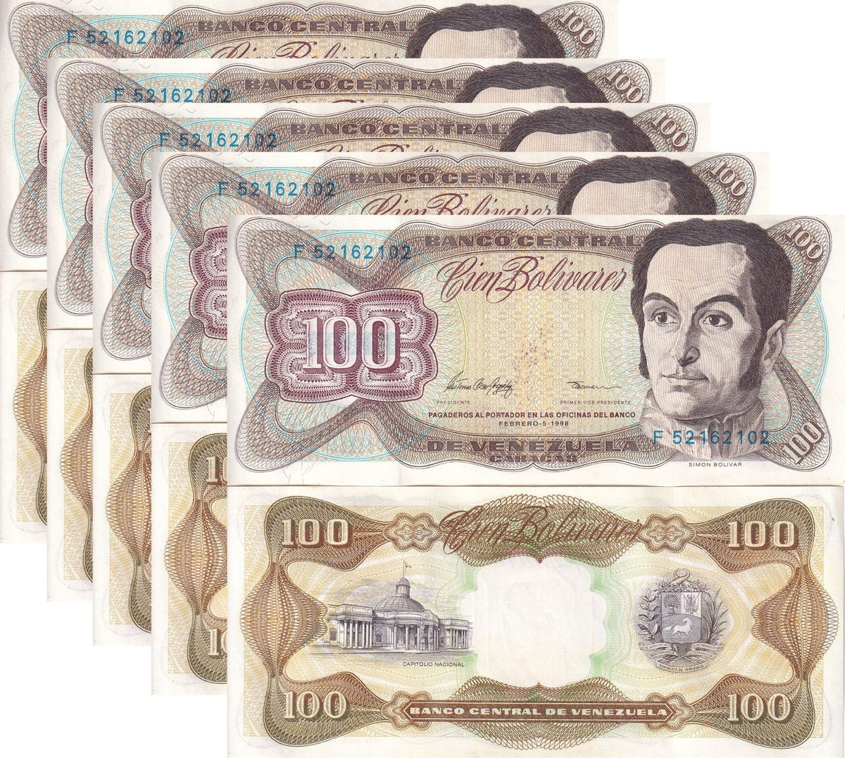 Venezuela 100 Bolivares 1998 P 66 f UNC LOT 5 PCS ,National Capitol, Caracas