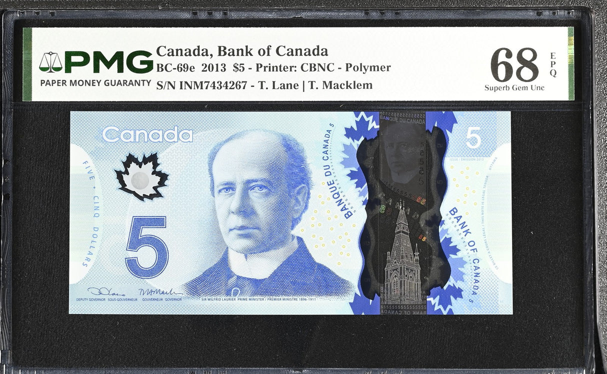 Canada 5 Dollars 2013 P 106 e Polymer Lane & Macklem Superb Gem UNC PMG 68 EPQ