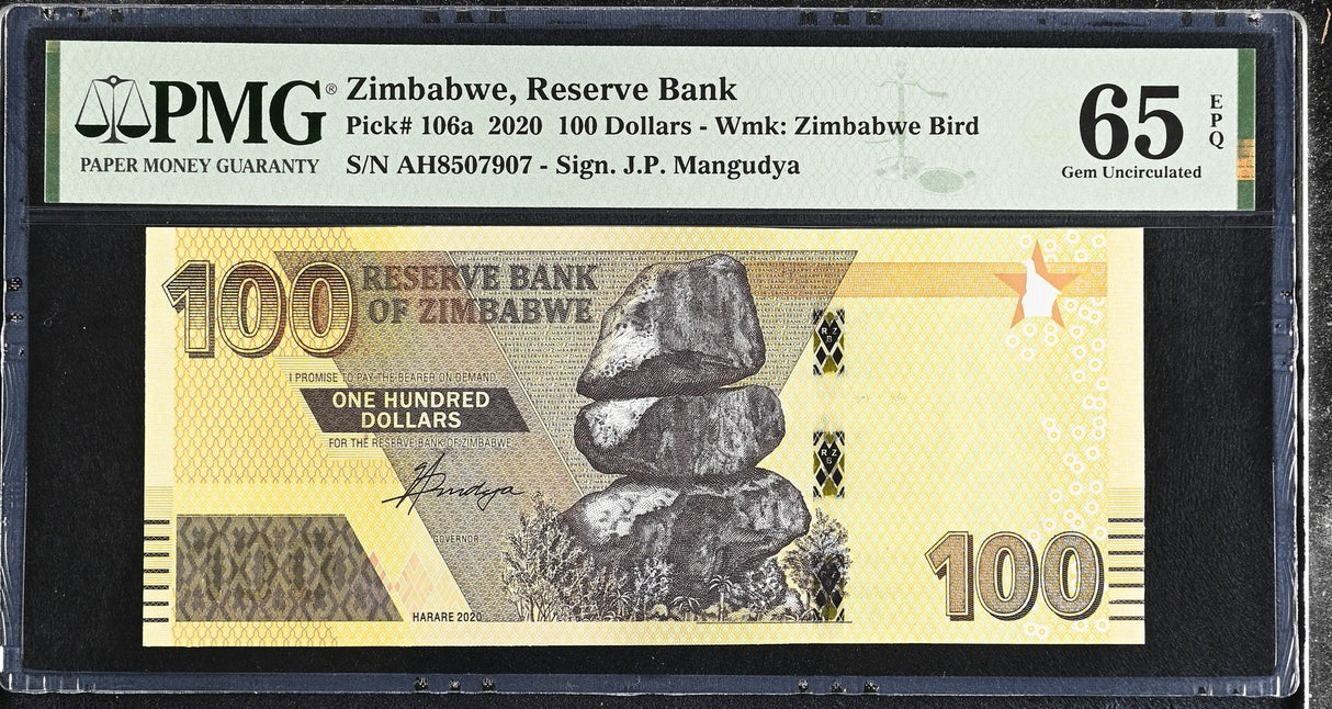 Zimbabwe 100 Dollars 2020 P 106 a Gem UNC PMG 65 EPQ
