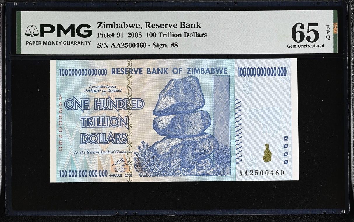 Zimbabwe 100 Trillion Dollars 2008 P 91 Gem UNC PMG 65 EPQ Victoria Falls