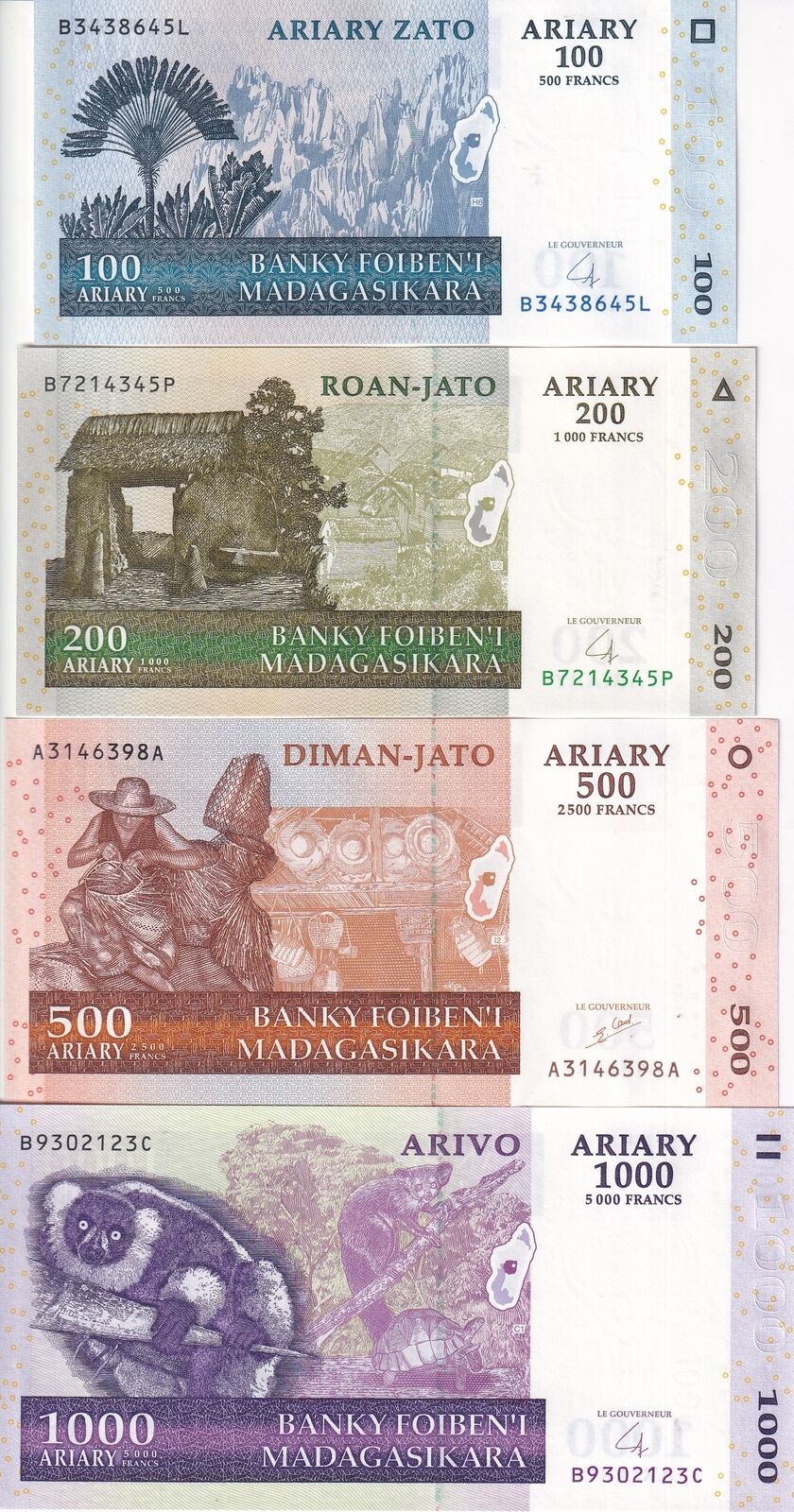 Madagascar set 4 UNC 100 200 500 1000 Ariary 2004 Random Sign P 86 87 88 89