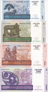 Madagascar set 4 UNC 100 200 500 1000 Ariary 2004 Random Sign P 86 87 88 89