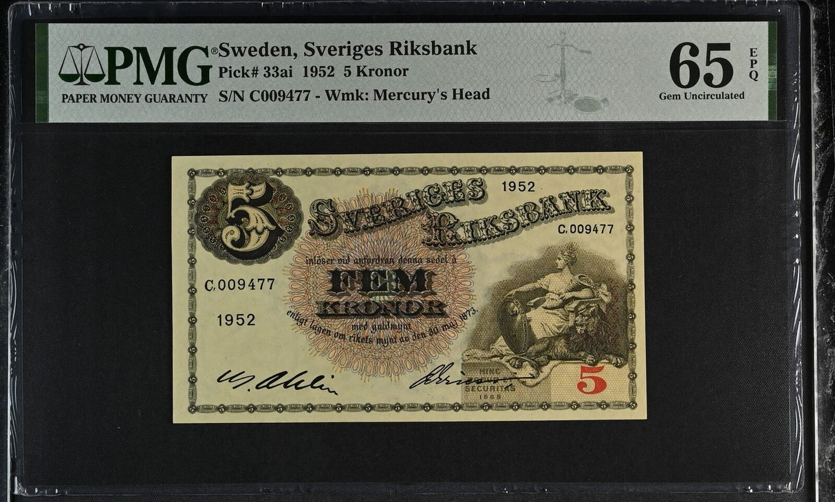 Sweden 5 Kronor 1952 P 33 ai Gem UNC PMG 65 EPQ
