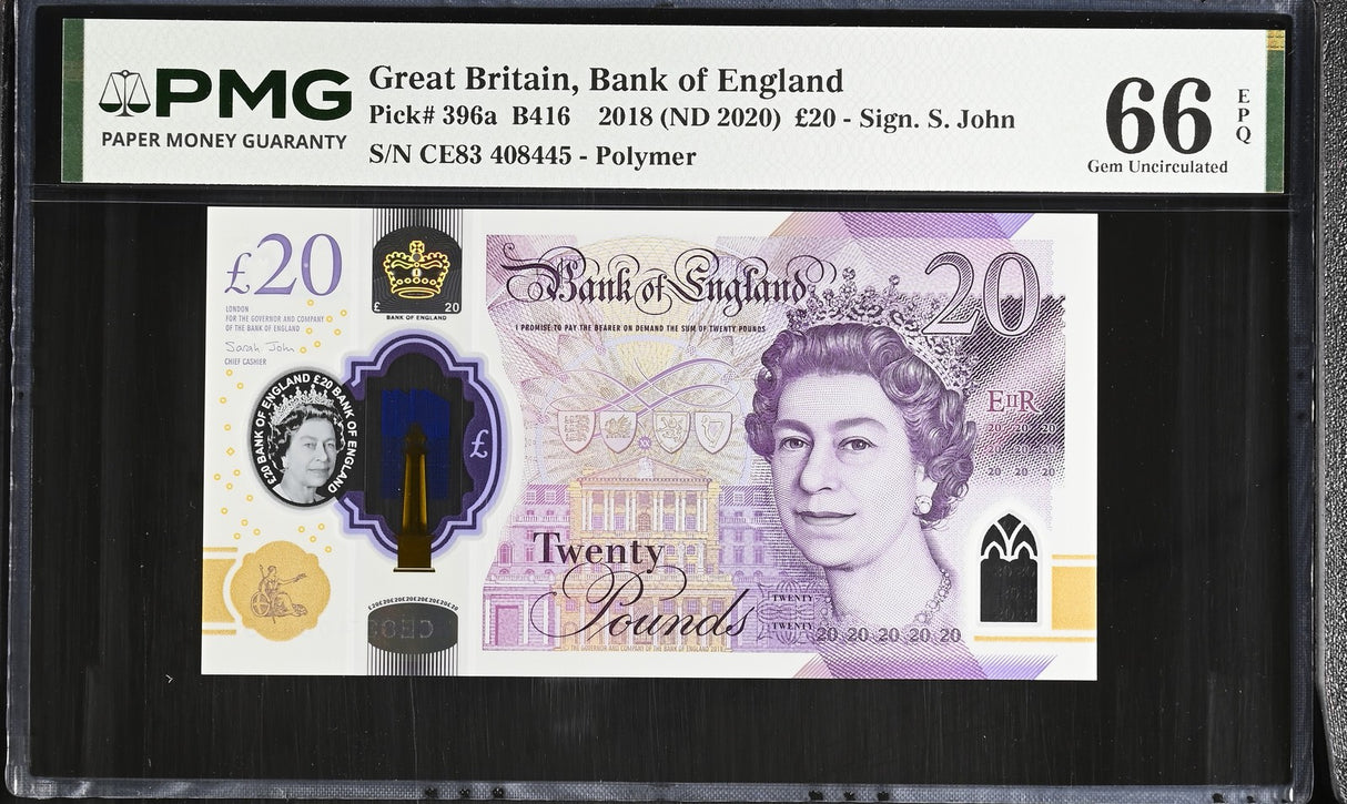 Great Britain 20 Pounds 2018 ND 2020 P 396 a Polymer QEII Gem UNC PMG 66 EPQ