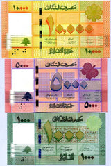 Lebanon Set 3 UNC 1000 5000 10000 Livres Random Date P 90 91 92 UNC