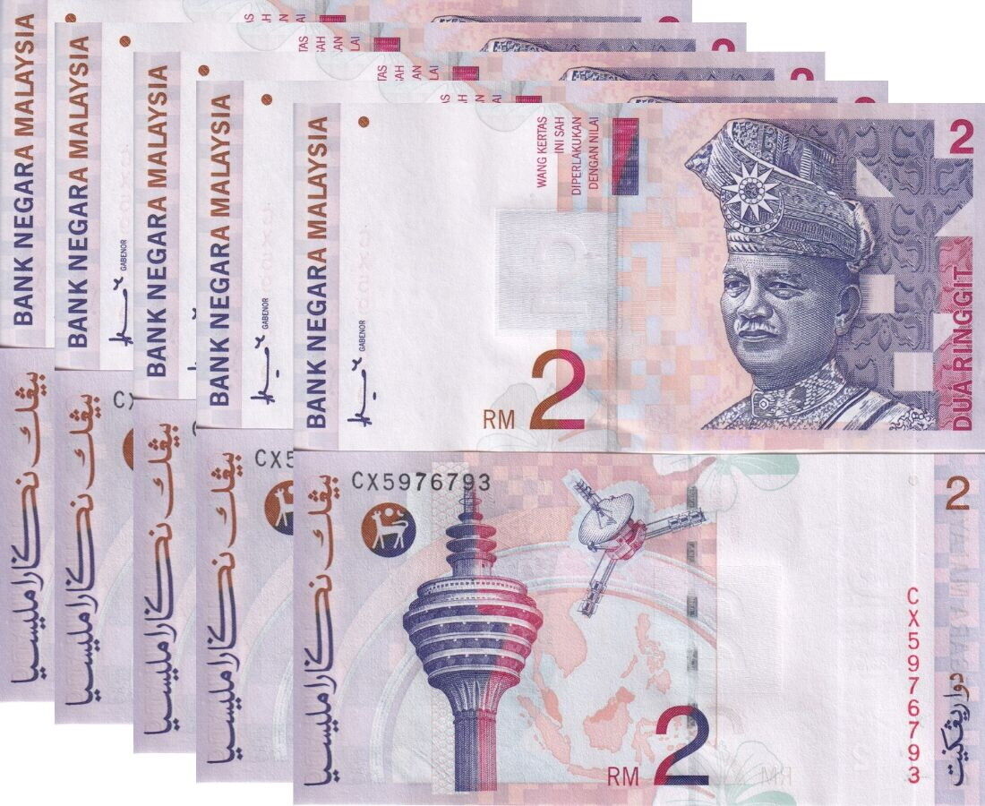 Malaysia 2 Ringgit ND 1996-1999 Bank Negara P 40 UNC LOT 5 PCS