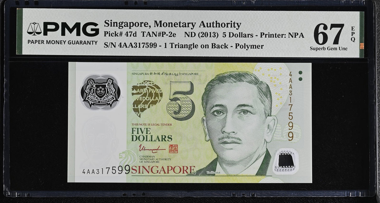 Singapore 5 Dollars ND 2013 P 47 d Polymer Superb Gem UNC PMG 67 EPQ