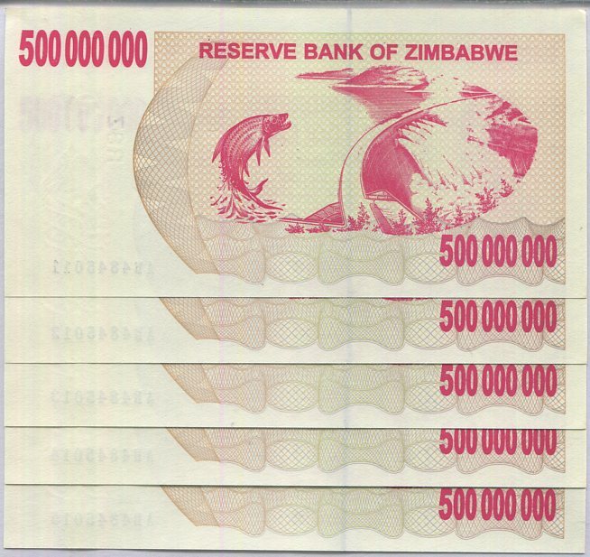 Zimbabwe 500 Million Dollars 2008 P 60 AUnc LOT 5 PCS , Tigerfish, Kariba dam