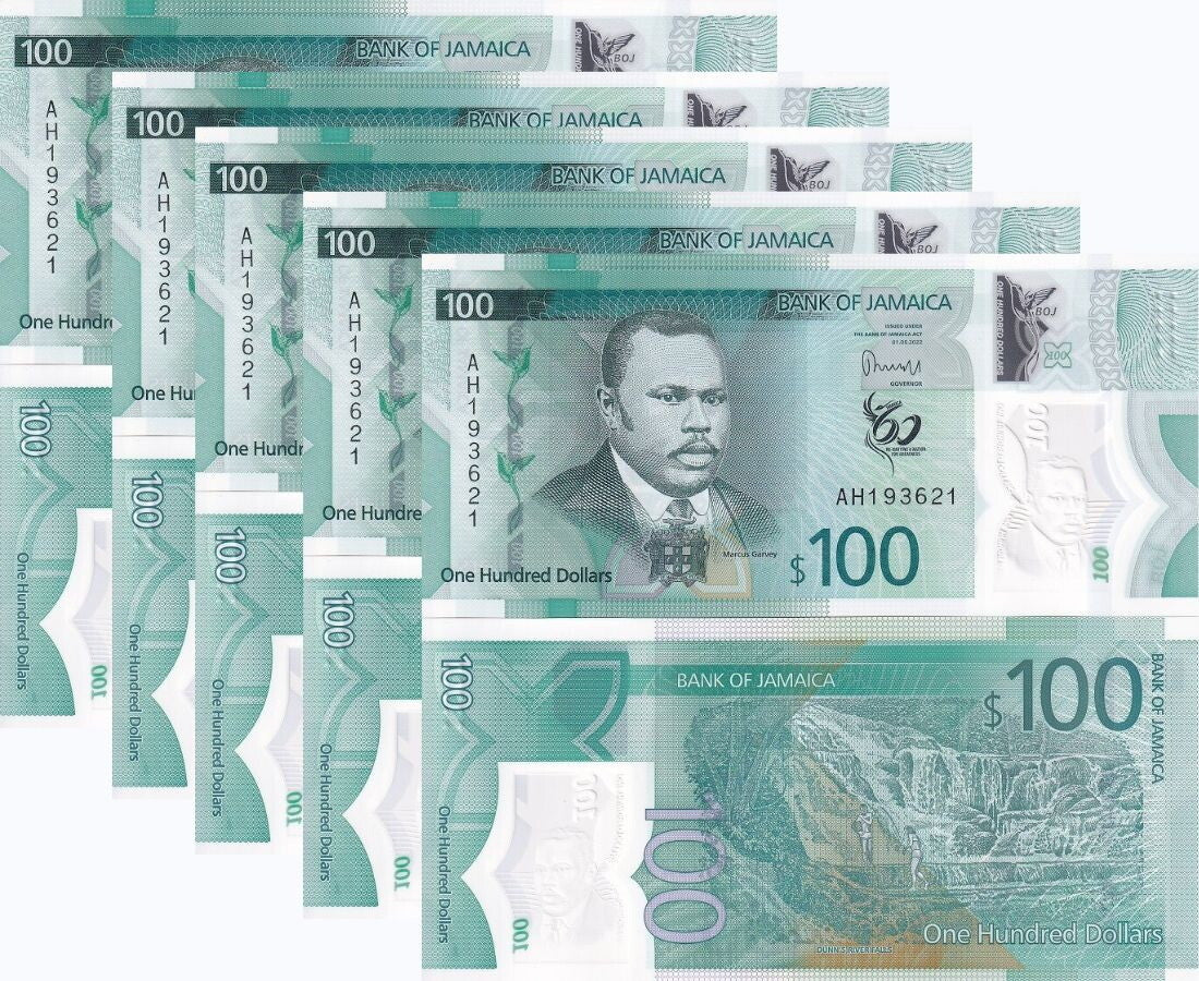 Jamaica 100 Dollars 2022 / 2023 P 97 Polymer UNC LOT 5 PCS ,Dunn's River falls
