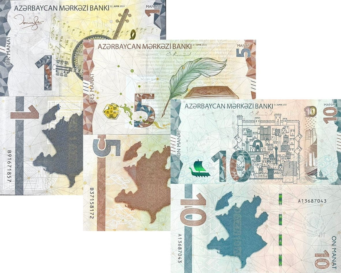 Azerbaijan Set 3 UNC 1 5 10 Manat 2021-2023 P 38 39 40