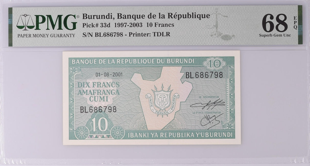 Burundi 10 Francs 2001 P 33 d Superb Gem UNC PMG 68 EPQ Top Pop