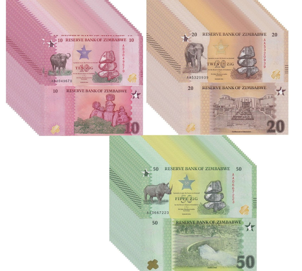 Zimbabwe SET 3 x Lot 20 Pcs 10 20 50 Zig 2026 P 115 116 117 New Design RHINO