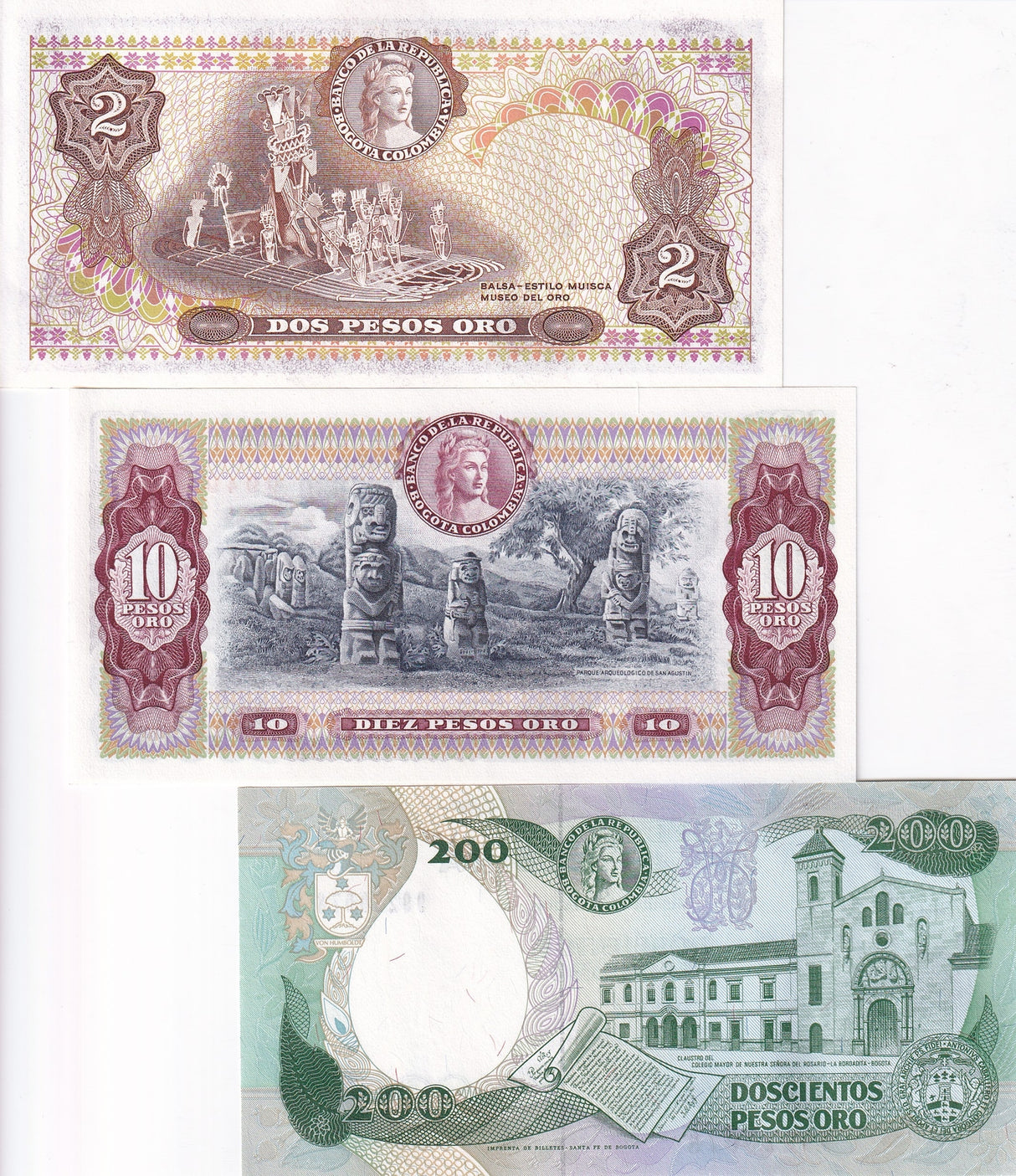 Colombia Set 3 PCS 2 10 200  Pesos Random Year P 407 P 413 P 429A UNC