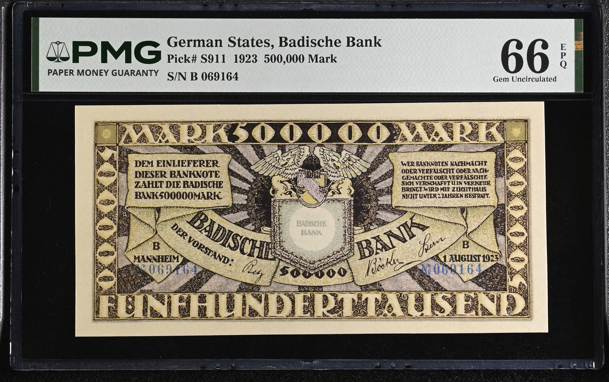 Germany 500000 Mark 1923 P S911 Gem UNC PMG 66 EPQ