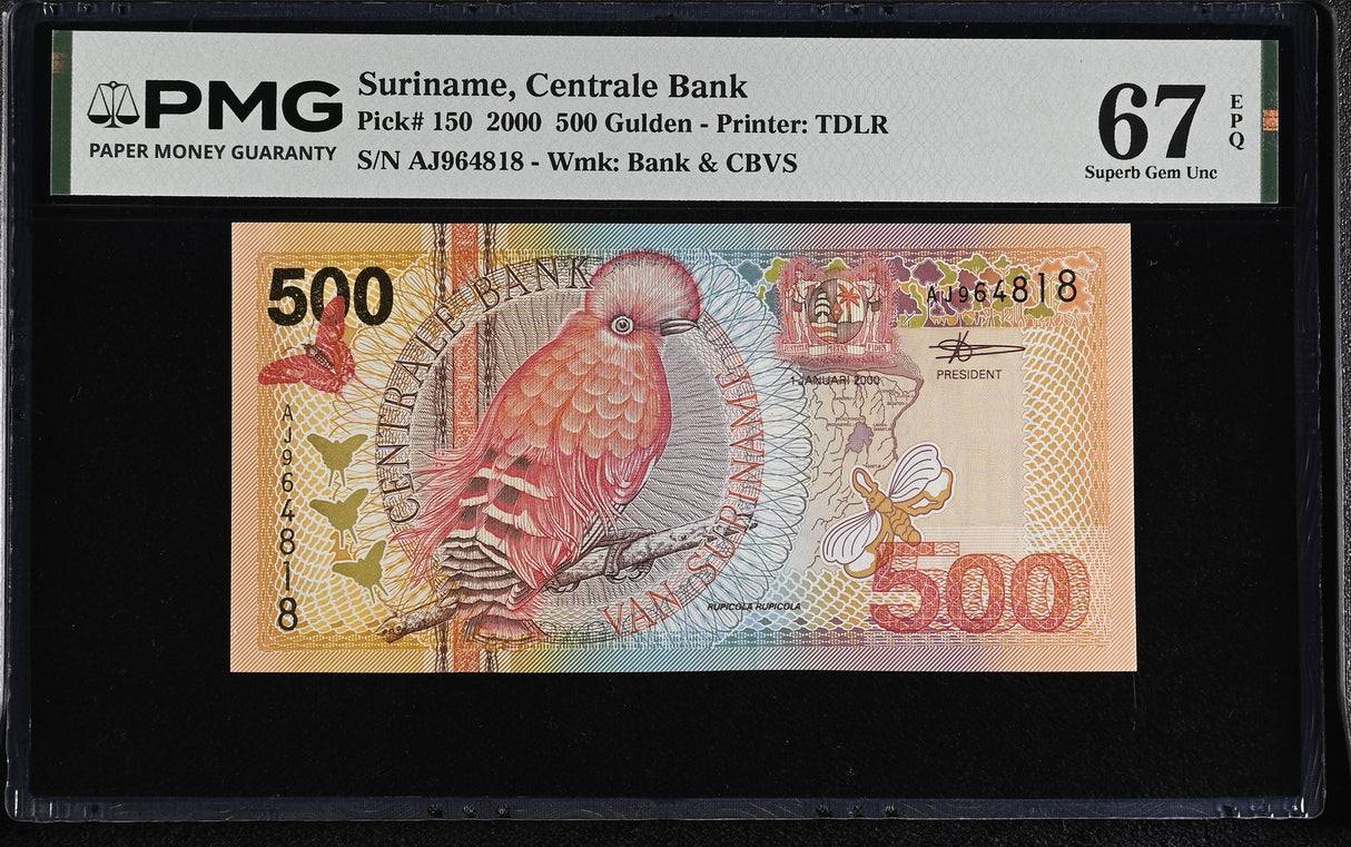 Suriname 500 Gulden 2000 P 150 Superb Gem UNC PMG 67 EPQ , Printer TDLR