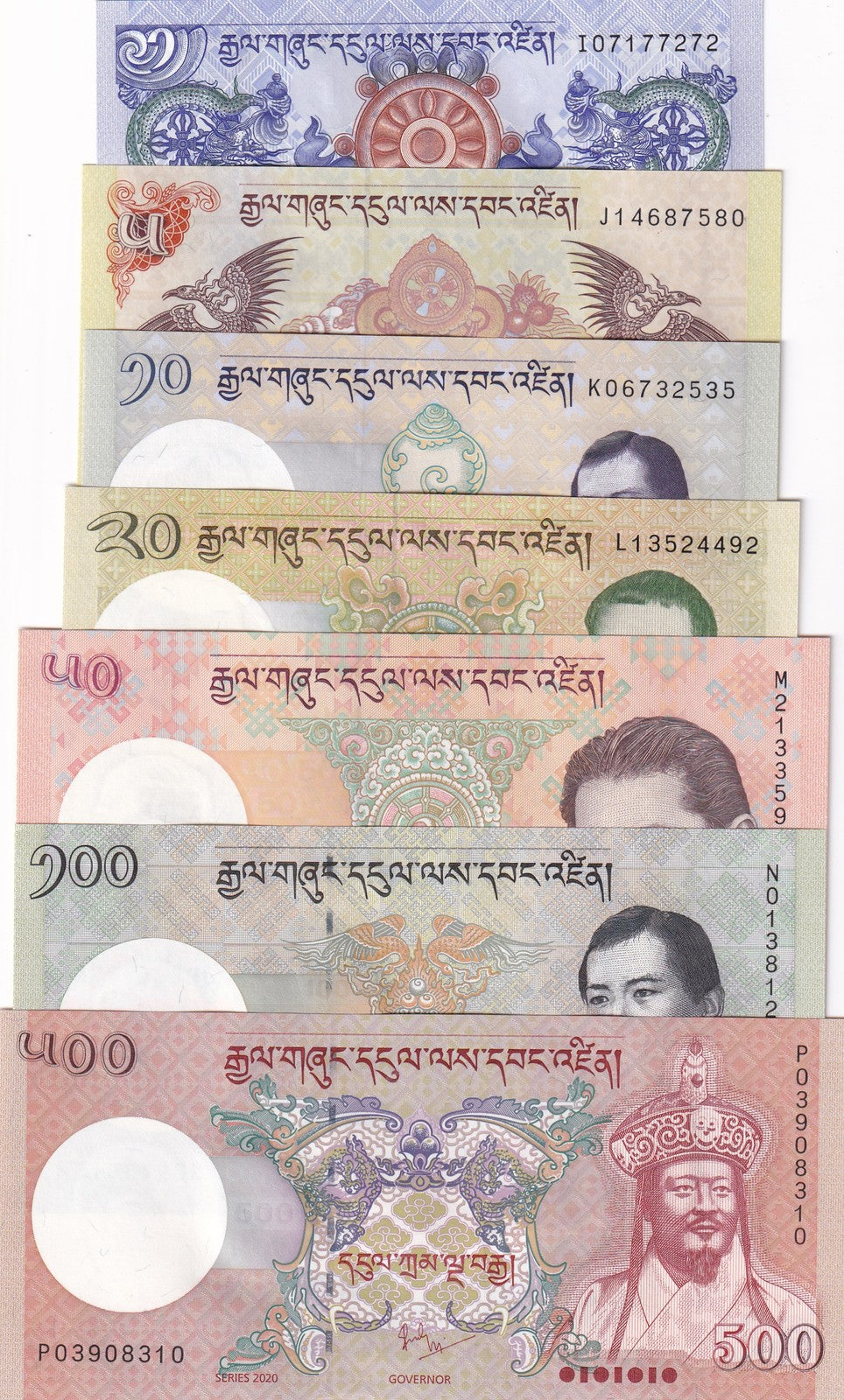 Bhutan Set 7 UNC 1 5 10 20 50 100 500 N 2013-2021 P 27 28 29 30 31 32 33