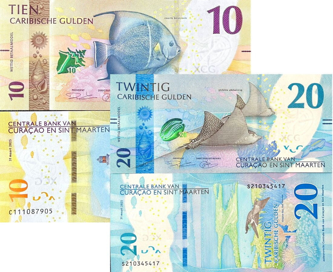 Curacao & Sint Maarten Set 2 UNC 10 20 Gulden 2025 P 1 2 Anglefish Eagle ray NEW