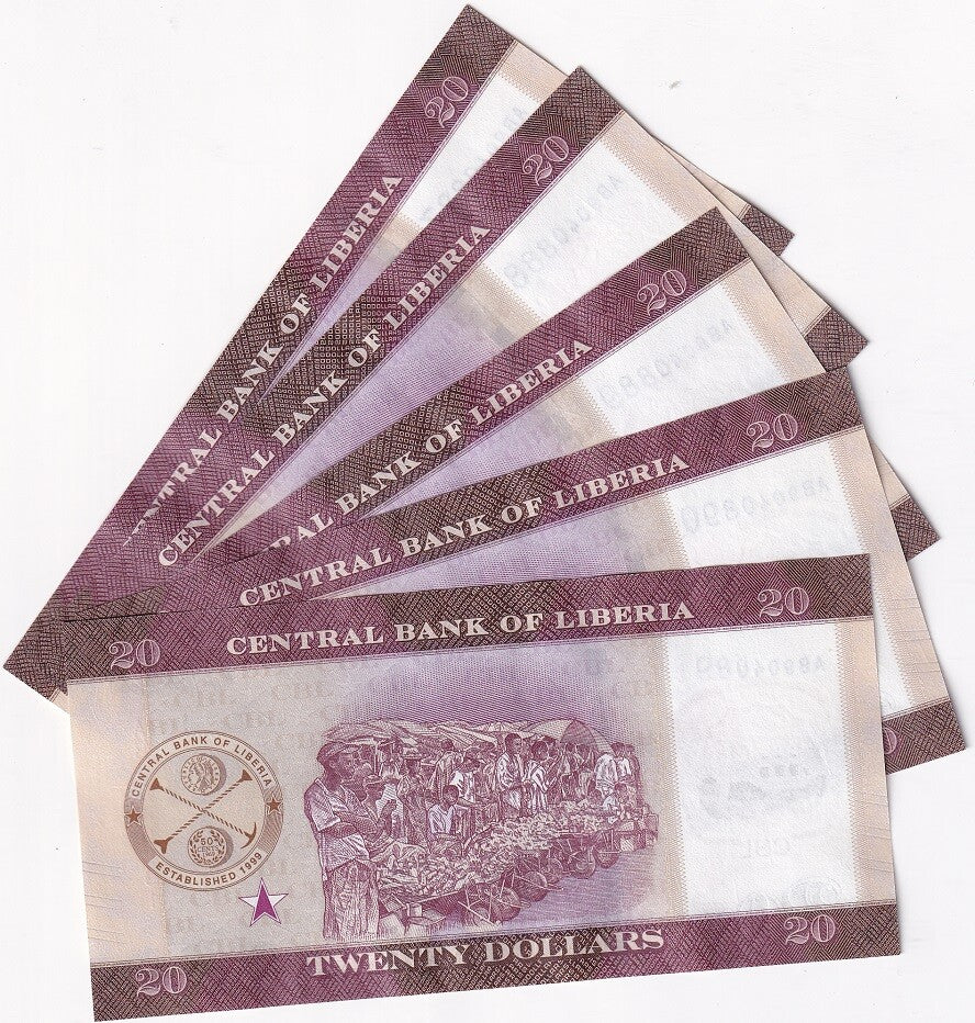 Liberia 20 Dollars 2022 P 39 UNC LOT 5 PCS William Vacanarat Shadrach Tubman