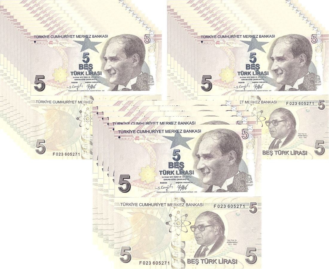 Turkey 5 Lira 2009 P 222 Mixed Prefix & Year UNC LOT 25 PCS 1/4 BUNDLE