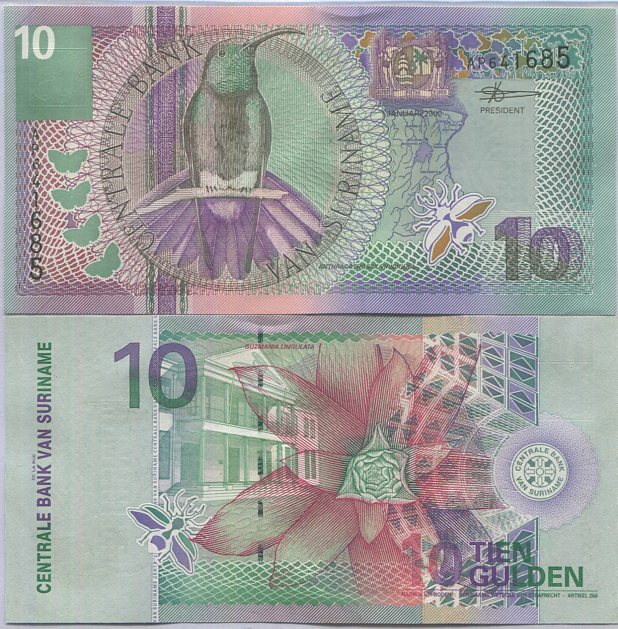Suriname 10 Gulden 2000 P 147 Black-throated mango UNC