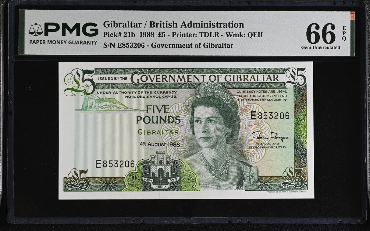 Gibraltar 5 Pounds 1988 P 21 b Gem UNC PMG 66 EPQ ,TDLR ,WTM QEII