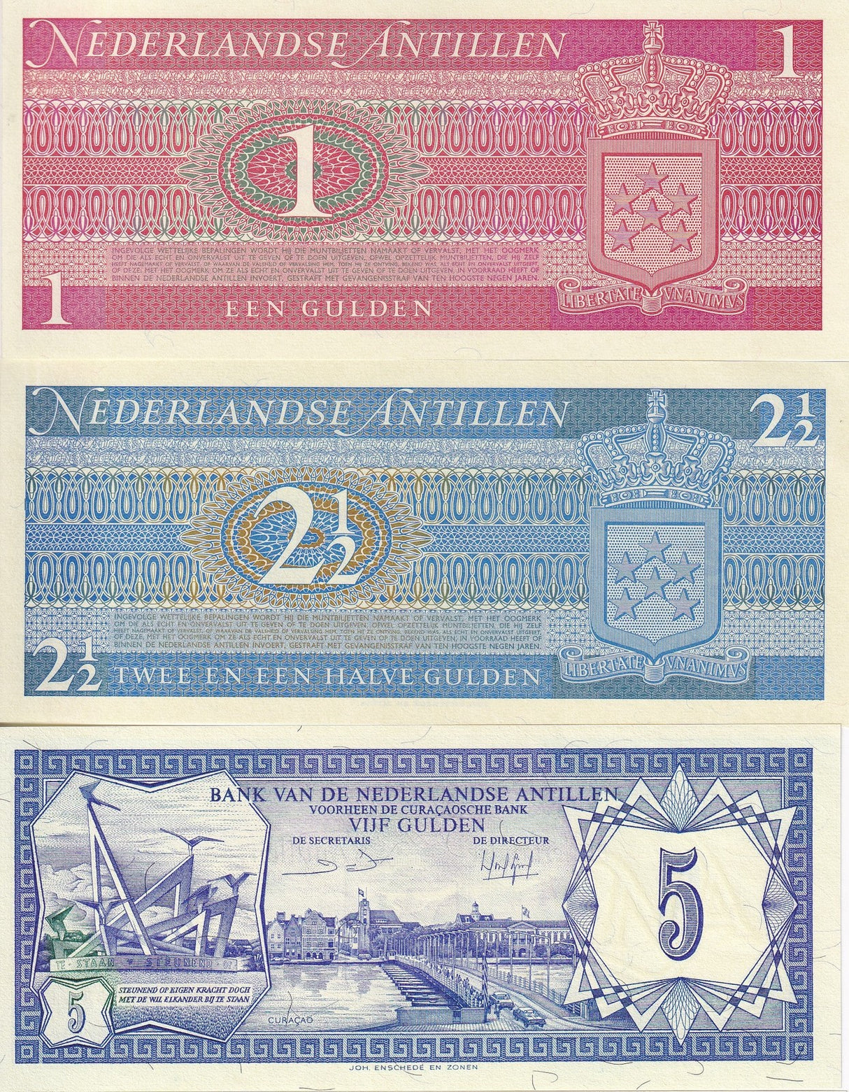 Netherlands Antilles Set 3 PCS 1 2 1/2 5 Gulden 1970 1984 P 15 20 P 21 UNC
