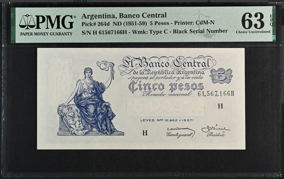 Argentina 5 Pesos ND 1951-59 P 264 d Choice UNC PMG 63 EPQ