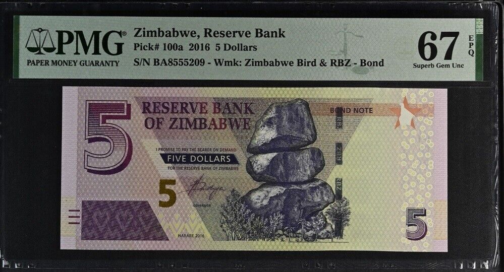 Zimbabwe 5 Dollars 2016 P 100 a Superb Gem UNC PMG 67 EPQ