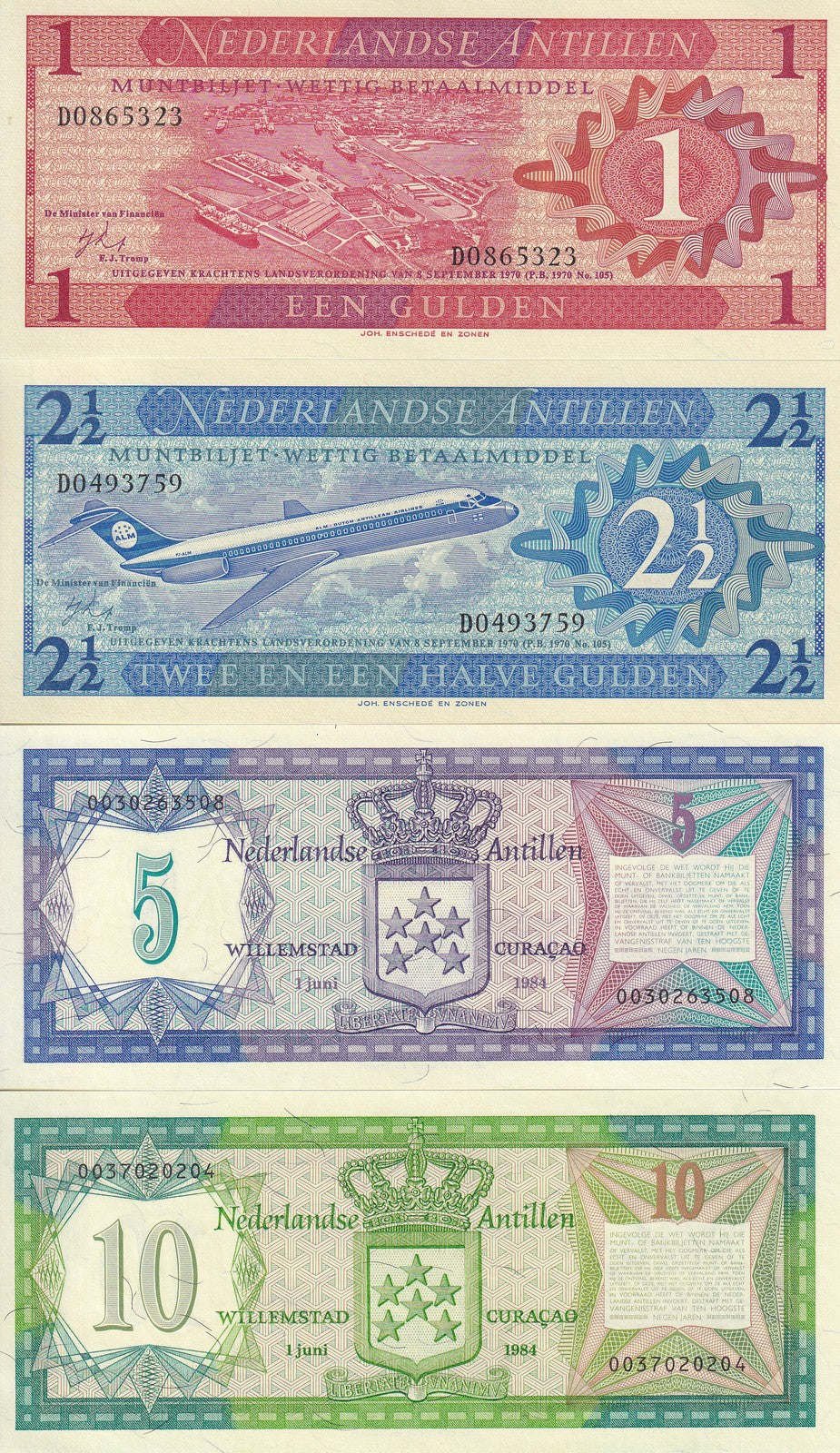 Netherlands Antilles Set 4 UNC 1 2 1/2 5 10 Gulden 1970 1984 P 15 16 20 P 21