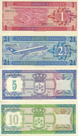 Netherlands Antilles Set 4 UNC 1 2 1/2 5 10 Gulden 1970 1984 P 15 16 20 P 21