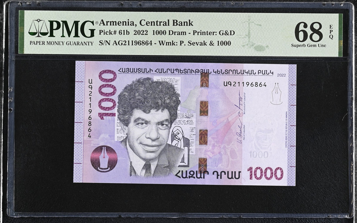 Armenia 1000 Dram 2022 P 61 b Superb Gem UNC PMG 68 EPQ TOP POP