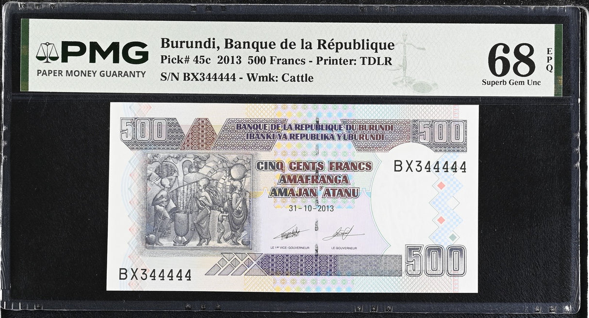 Burundi 500 Francs 2013 P 45 c Near Solid 344444 Superb Gem UNC PMG 68 EPQ