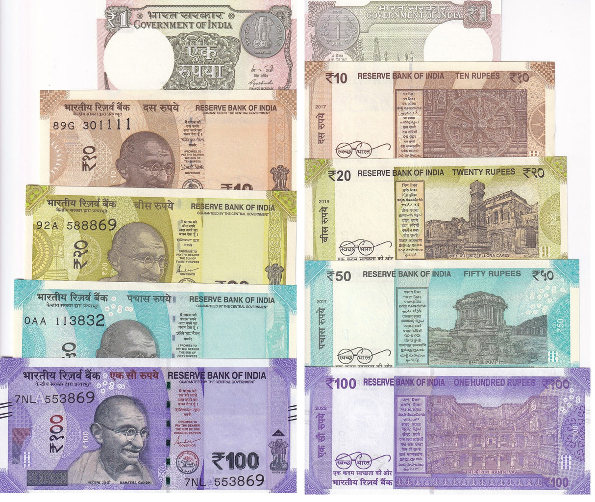 India Set 5 UNC 1 10 20 50 100 Rupees Random Year P 109 111 112 113 117A