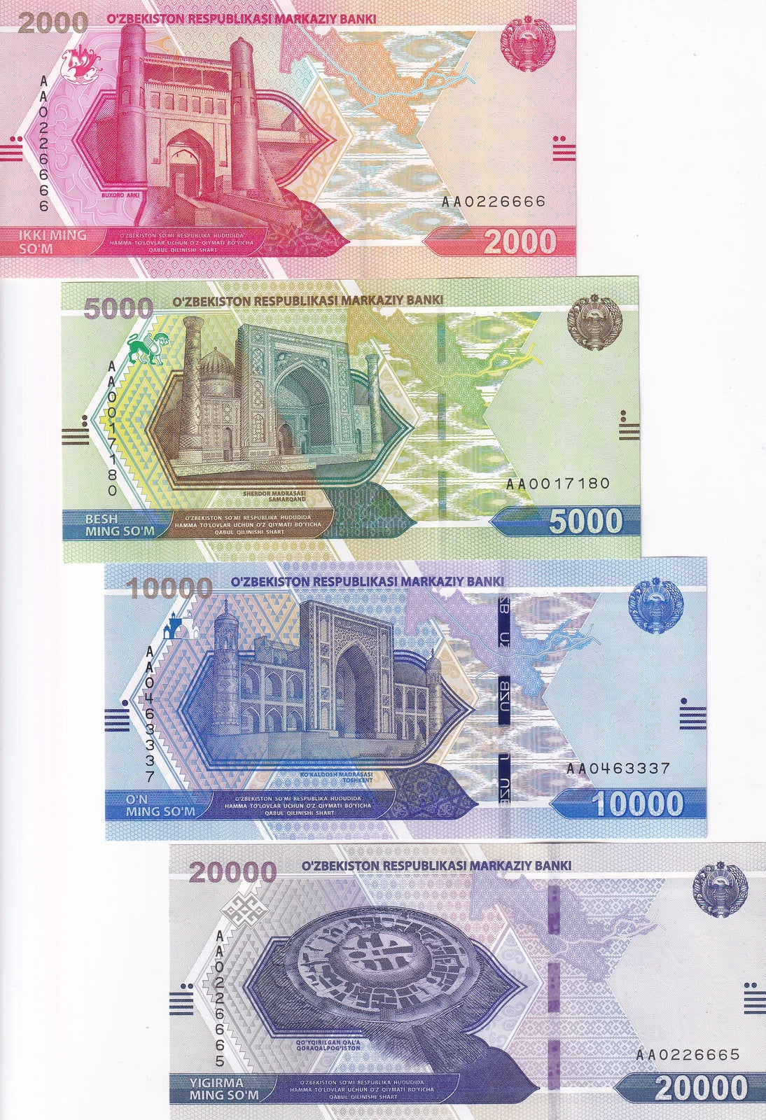 Uzbekistan Set 4 Pcs 2000 5000 10000 20000 Som 2021 P 87 88 89 P 90 UNC
