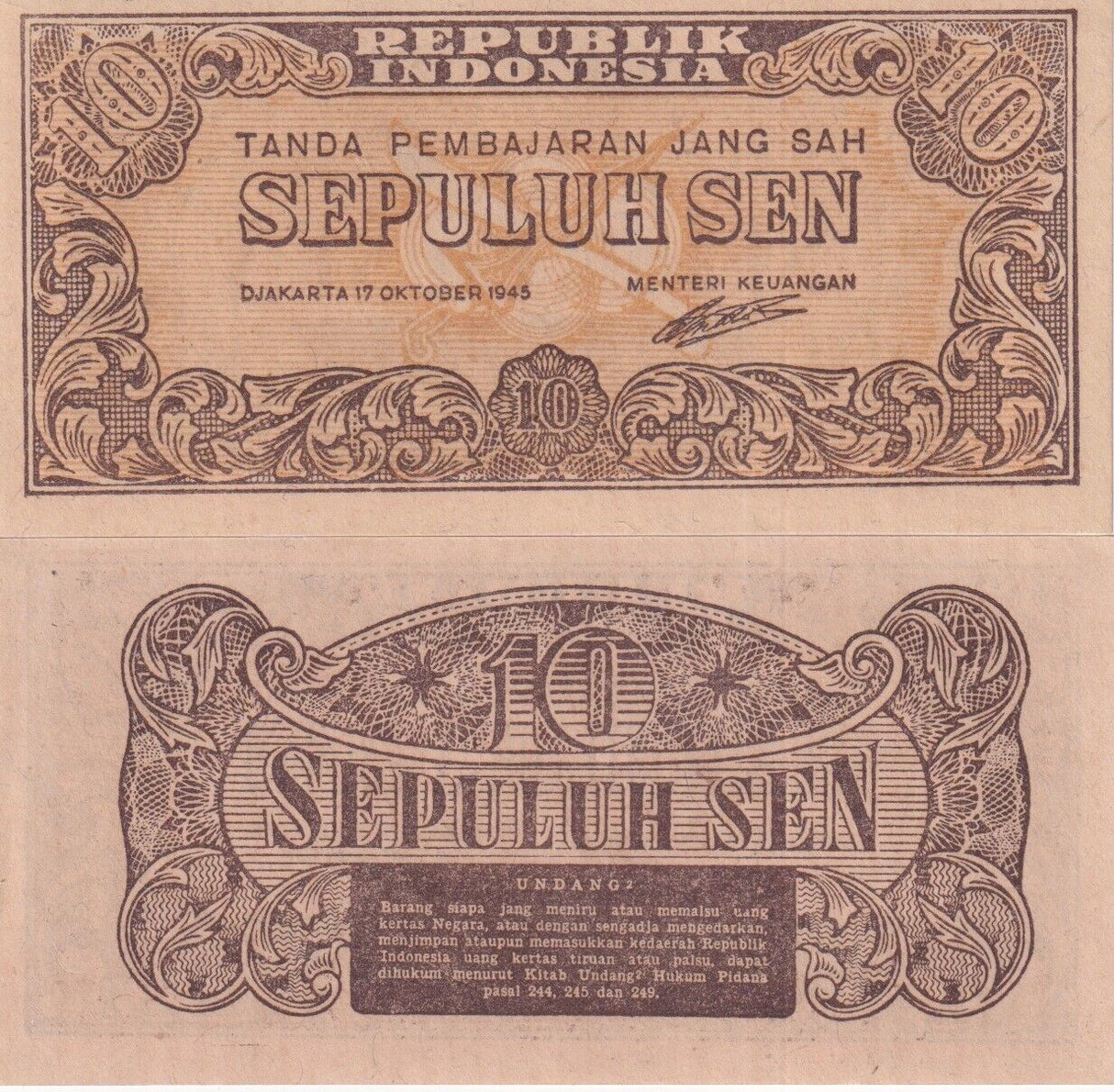 Indonesia 10 Sen 1945 P 15 b UNC-