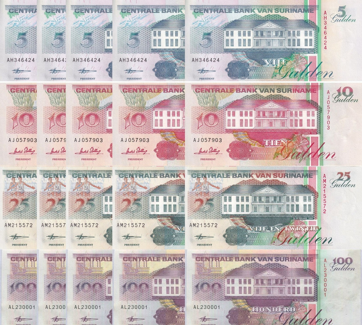 Suriname SET 4 X LOT 5 =20 UNC 5 10 25 100 Gulden Random Years P 136 137 138 139